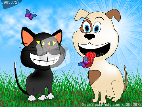 Image of Cat With Dog Shows Purebred Cats And Grassy