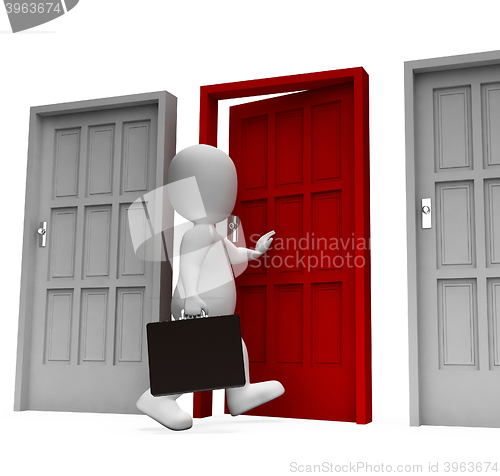 Image of Choice Businessman Means Doorways Render And Working 3d Renderin