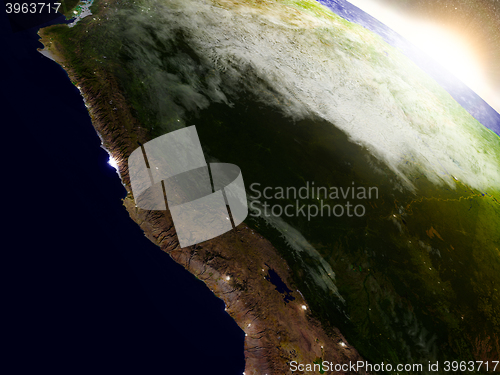 Image of Peru from space during sunrise