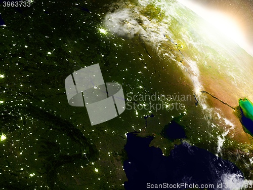 Image of Ukraine from space during sunrise