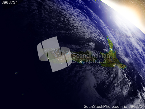 Image of New Zealand from space during sunrise