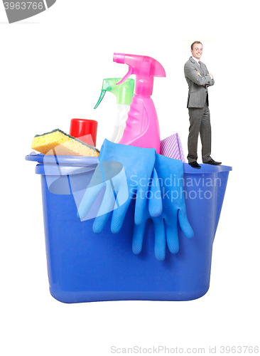 Image of Businessman with cleaning products