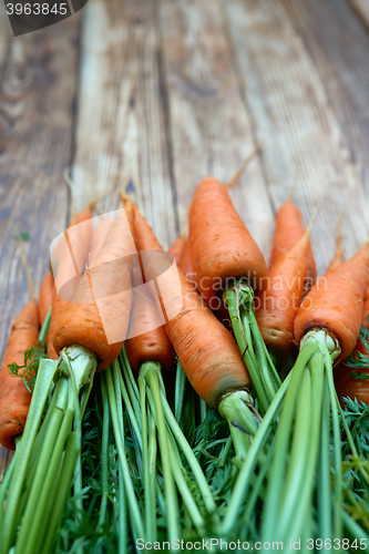 Image of Fresh carrots bunch on rustic wooden background