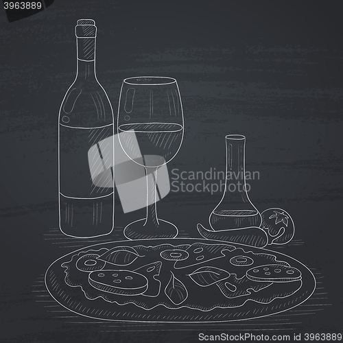 Image of Dinner with wine and pizza.