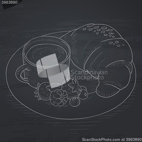 Image of Breakfast with coffee, croissant and berries.
