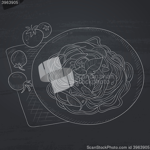 Image of Spaghetti with basil on plate.