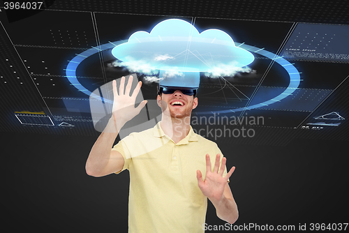 Image of happy man in virtual reality headset or 3d glasses