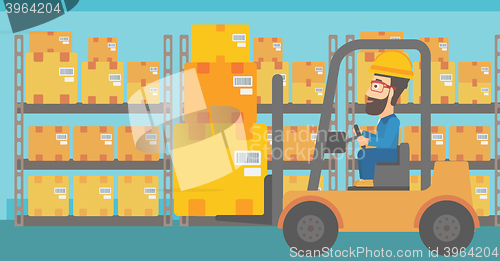 Image of Warehouse worker moving load by forklift truck.