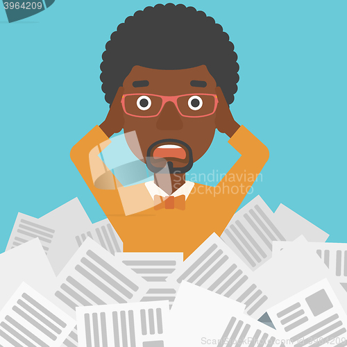 Image of Man in stack of newspapers.