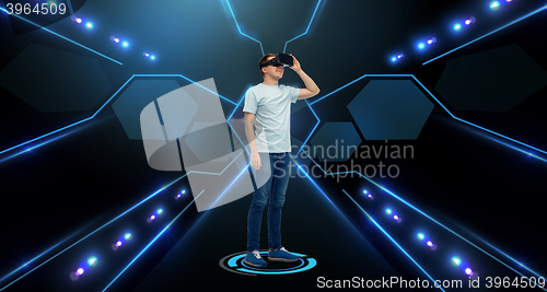 Image of happy man in virtual reality headset or 3d glasses