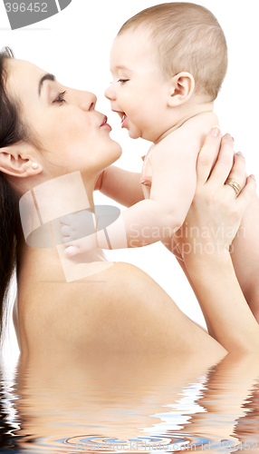 Image of happy mother with baby in water