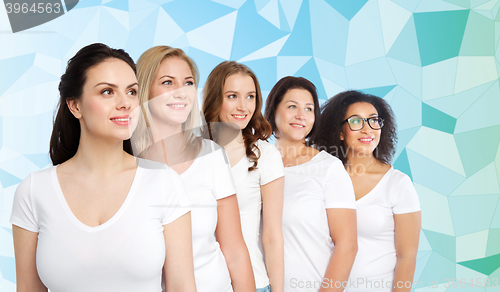 Image of group of happy different women in white t-shirts