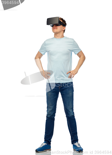 Image of happy man in virtual reality headset or 3d glasses