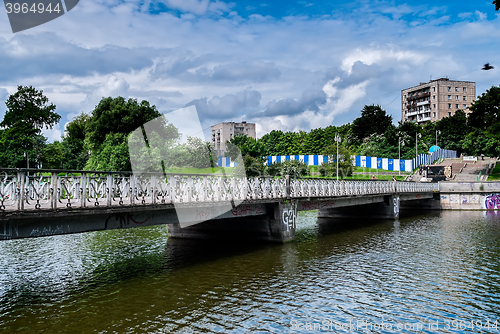 Image of Pedestrian bridge on Nizhny pond. Kaliningrad
