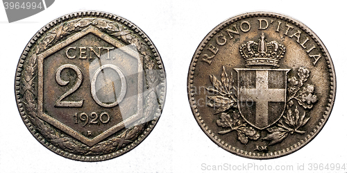 Image of twenty 20 cents Lire Silver Coin 1920 Exagon Crown Savoy Shield Vittorio Emanuele III Kingdom of Italy