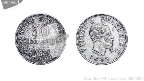 Image of Fifty 50 Lire cents Silver Coin 1863 Vittorio Emanuele II, Kingdom of Italy