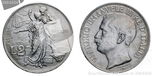 Image of Two Lire Silver Coin 1911 fiftieth anniversary Vittorio Emanuele III Kingdom of Italy