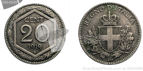 Image of twenty 20 cents Lire Silver Coin 1919 Exagon Crown Savoy Shield Vittorio Emanuele III Kingdom of Italy