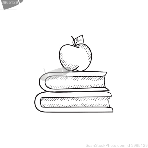 Image of Books and apple on top sketch icon.