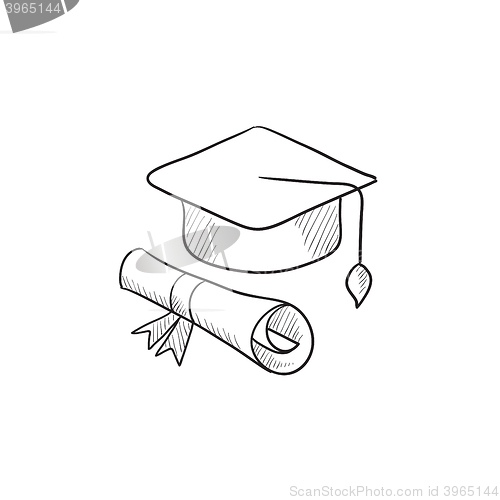 Image of Graduation cap with paper scroll sketch icon.
