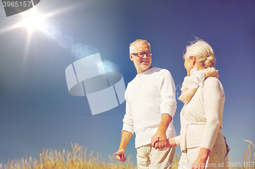 Image of happy senior couple talking outdoors