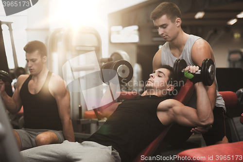 Image of group of men with dumbbells in gym