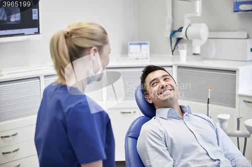 Image of happy female dentist with man patient at clinic