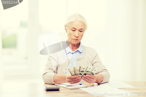 Image of senior woman with money and papers at home