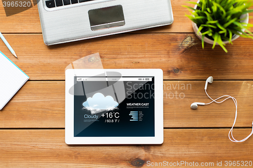 Image of close up of tablet pc computer on wooden table