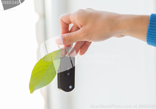 Image of close up of hand holding car key with green leaf