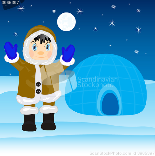 Image of Eskimo beside igloo