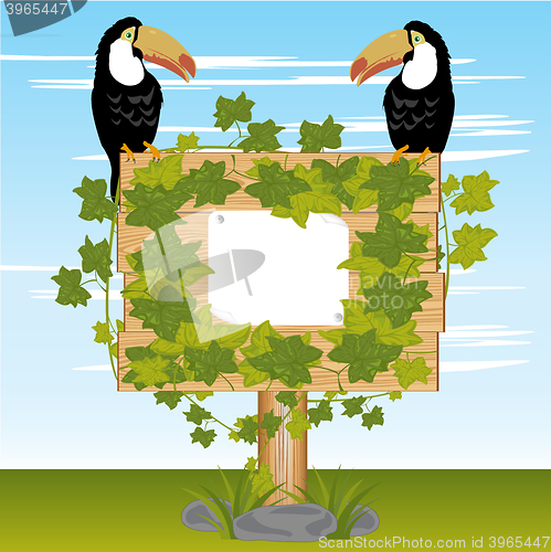 Image of Wooden shield  plants and birds