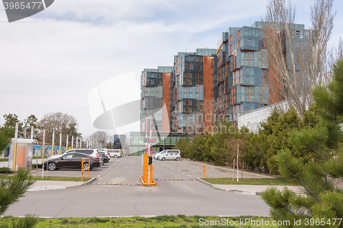 Image of Anapa, Russia - March 9th, 2016: Parking in front of an elite residential complex \"Golden Bay\" in Anapa