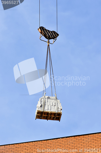 Image of Crane and building construction site against blue sky