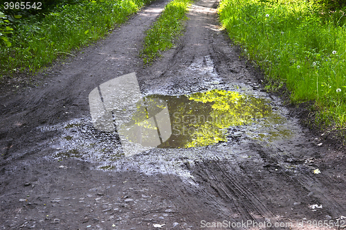 Image of Puddle on a rural dirt road with reflection and green grass