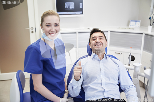 Image of happy female dentist with man patient at clinic