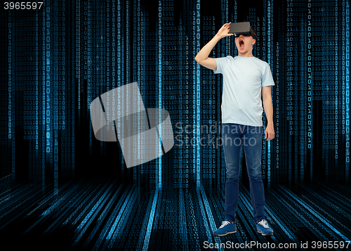 Image of man in virtual reality headset or 3d glasses