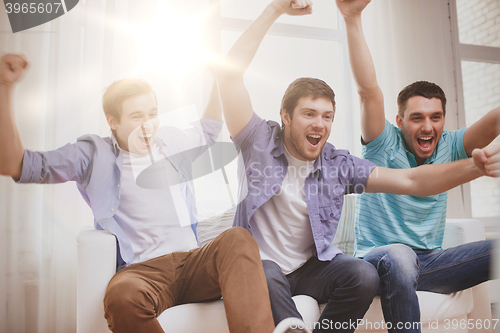 Image of happy male friends at home
