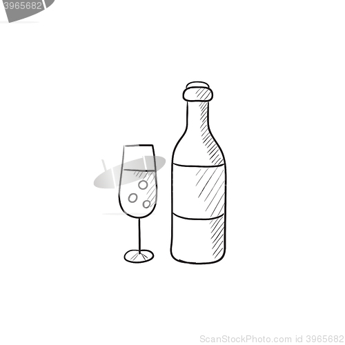 Image of Bottle and glass of champagne sketch icon.