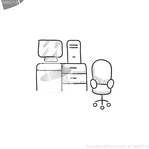 Image of Computer set with table and chair sketch icon.