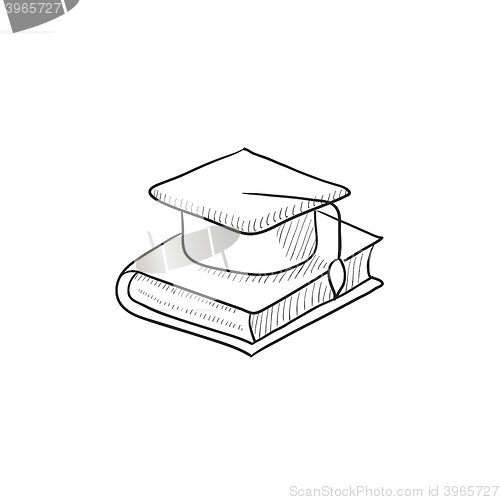 Image of Graduation cap laying on book sketch icon.