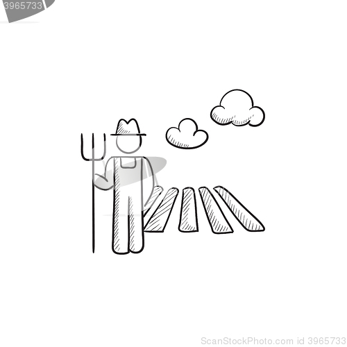 Image of Farmer with pitchfork at field sketch icon.