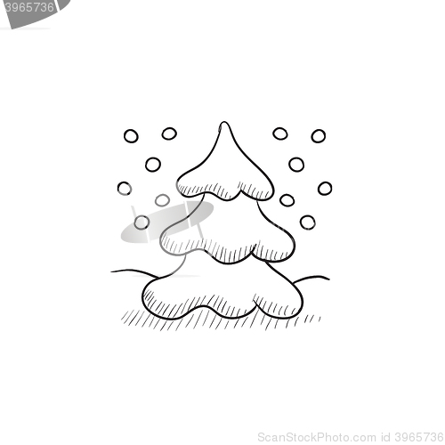 Image of Christmas tree covered with snow sketch icon.
