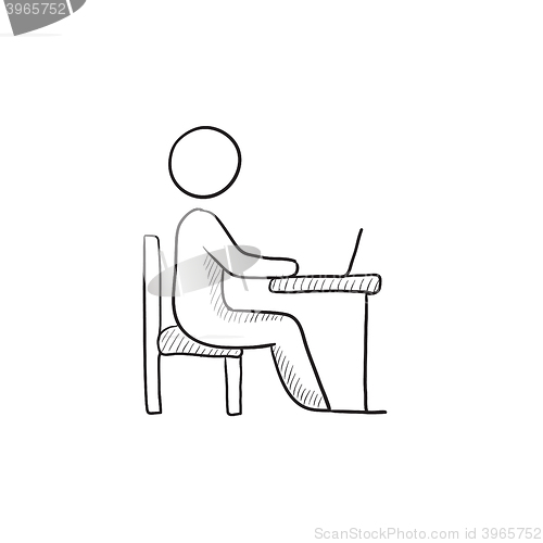 Image of Businessman working on laptop sketch icon.
