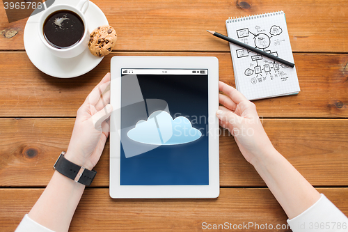 Image of close up of woman with tablet pc on wooden table