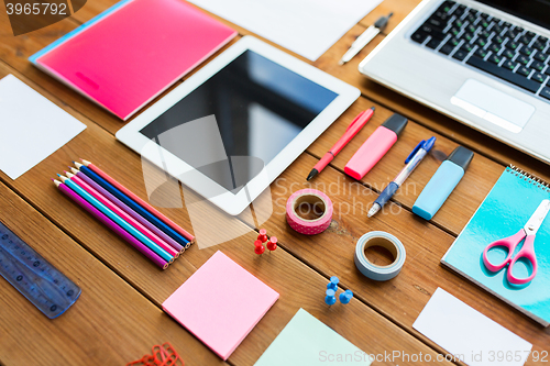 Image of close up of school supplies and tablet pc