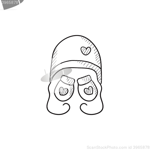 Image of Hat and mittens for children sketch icon.