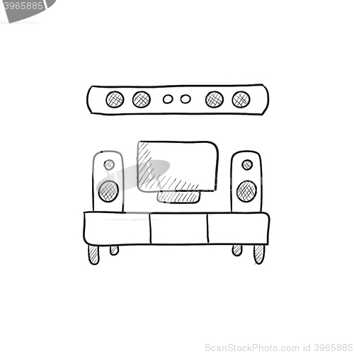 Image of TV flat screen and home theater sketch icon.