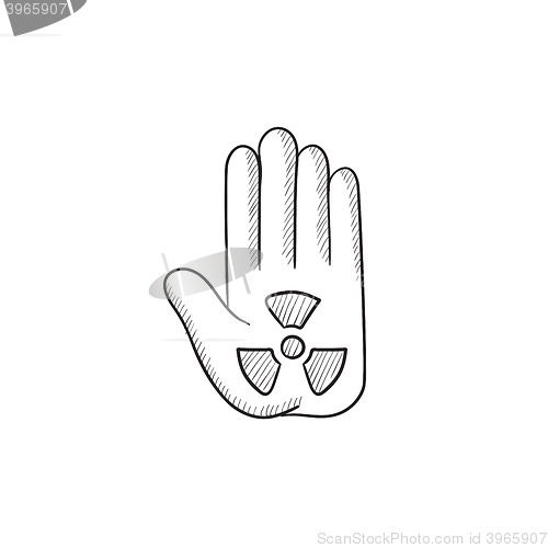 Image of Ionizing radiation sign on a palm sketch icon.