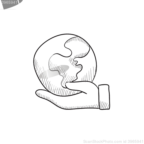 Image of Hand holding the Earth sketch icon.